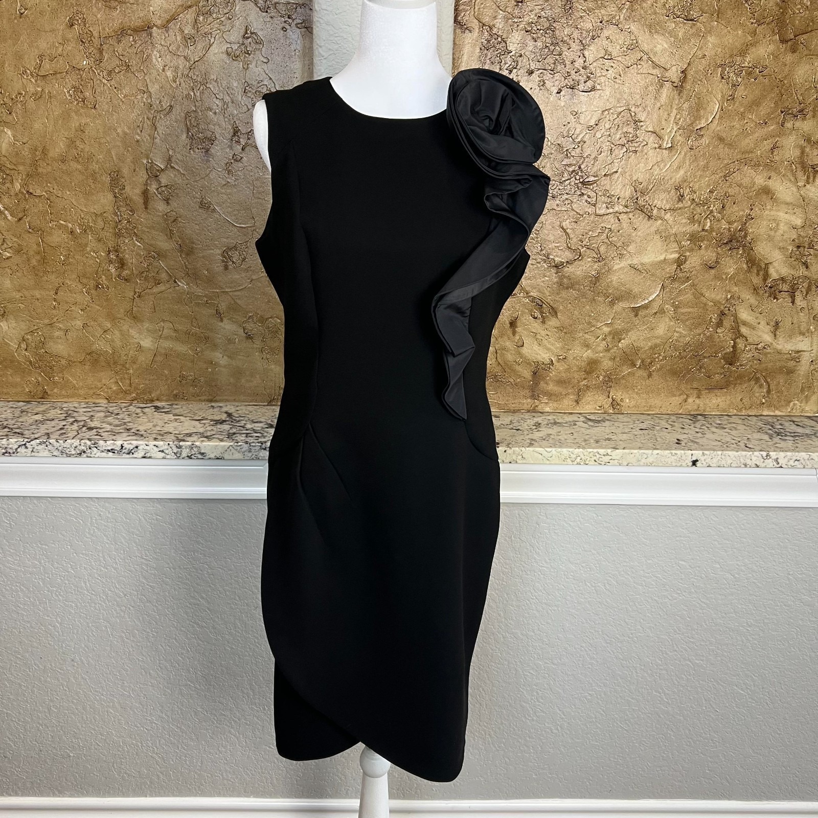 Teri Jon Rickie Freeman Dress Womens 10 Black Sleeveless Ruffle Silk Cocktail